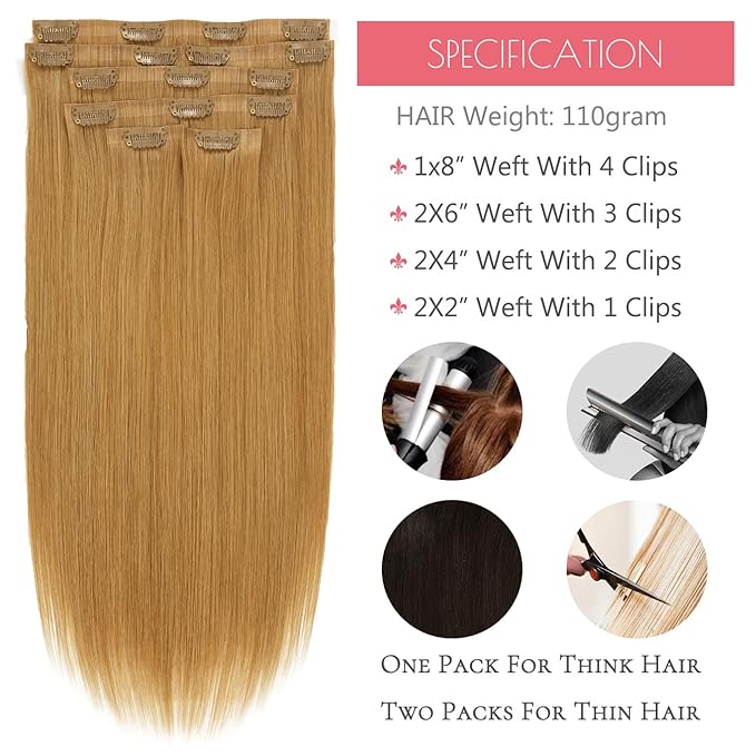 Loxxy Seamless Human Hair Clip in Extensions Blonde 16Inch Thick Full Head Clip on Hair Extensions Remy Human Hair Color 27 Caramel Blonde Natural Real Hair Clip in Extensions For Women 110g 7pcs