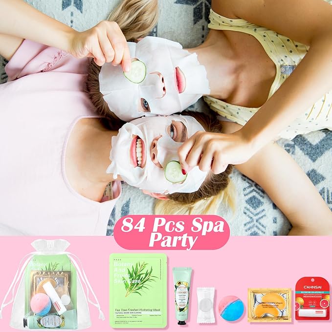 84 Pcs Spa Party Supplies Facial Masks Eye Patches Hand Cream Lip Balm Foot Bath Bombs Compressed Towel Organza Bags Spa Party Favors Sleepover Kit Birthday for Most Skin Type