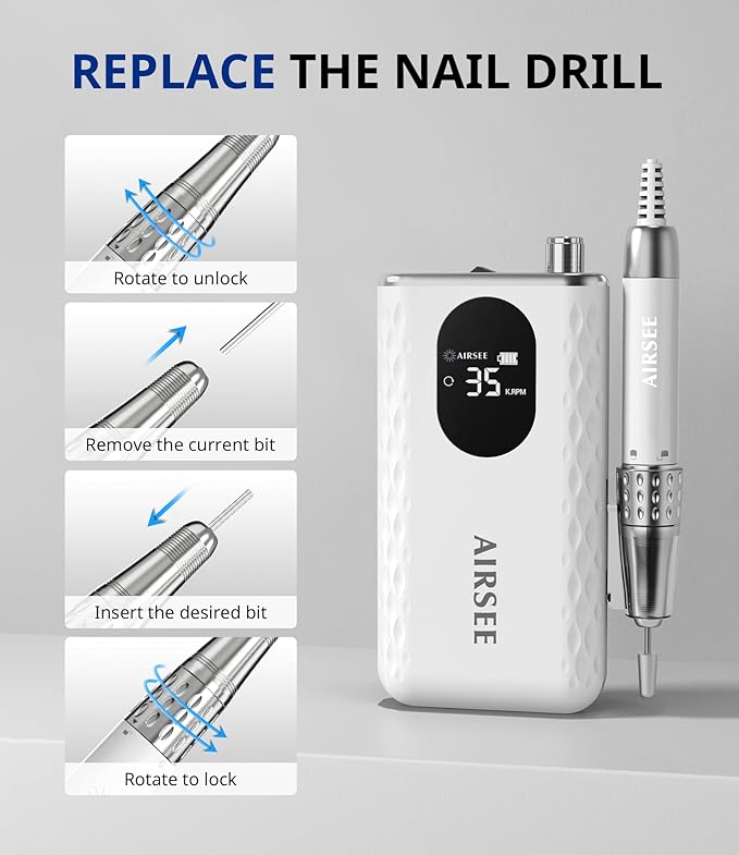 AIRSEE Updated Professional Nail Drill,Rechargeable Cordless Efile Machine for Acrylic Extension Gel Dip Powder Powerful Portable Efile 56 Sanding Bands 7 Bits,Low Noise Low Heat