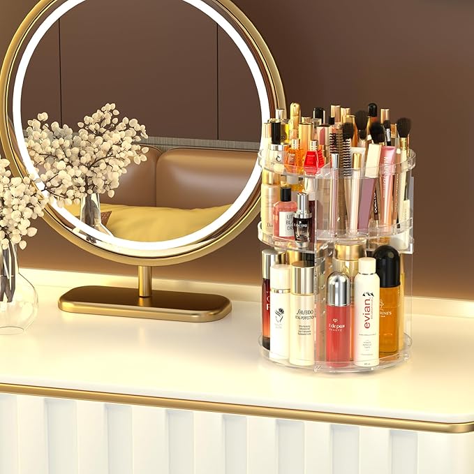 360° Rotating Makeup Organizer, DIY 7 Adjustable Layers Spinning Holder, Large Capacity Cosmetic Storage Box Skincare Perfume Organizer for Vanity Countertop (Small Ultra Clear)