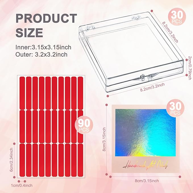 30Boxes + 30 Instruction Cards Large (8 x 8cm) Press On Nail Packaging Storage Box and 90pcs Adhesive Tabs - Acrylic Organizer Case for Artificial Nail for Nail Business Supplies
