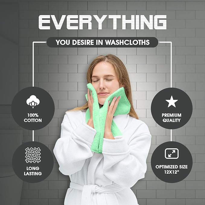Oakias 100% Cotton Wash Cloths 24 Pack Green - 12 x 12 Inches Ring Spun Cotton Facial Towels - Highly Absorbent Quick Dry Spa Towels - Bulk Washcloths Ideal for Scrubbing and Cleaning