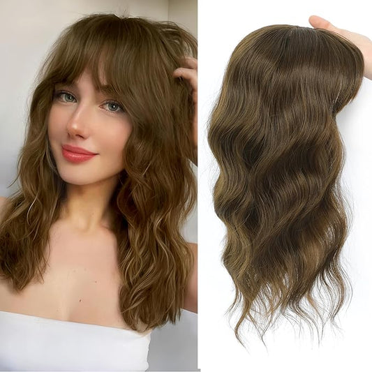 16 Inch Hair Toppers for Women with Thinning Hair, 360° 3D Realistic Toppers for Women Wispy Bangs Clip Synthetic Curly Wavy (8-10)
