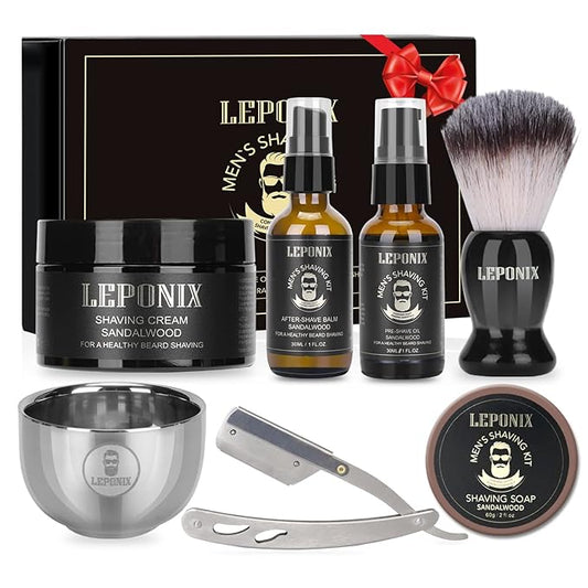 Shaving Kit for Men-Includes Straight Edge Razor Kit, Sandalwood Shaving Soap, Shaving Cream, Mens After Shave Balm, Pre-Shave Oil,Shaving Brush and Bowl, Gift Set Stocking Stuffers (Sandalwood)