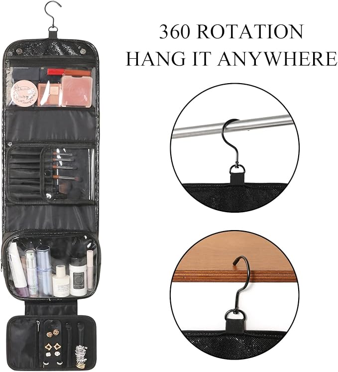 Travel Toiletry Bag for Women,Hanging Travel Toiletry Bag with Jewelry Organizer Compartment,Makeup Bag, Waterproof and Dirt Resistant, Travel Essentials, Medium,Bright Black