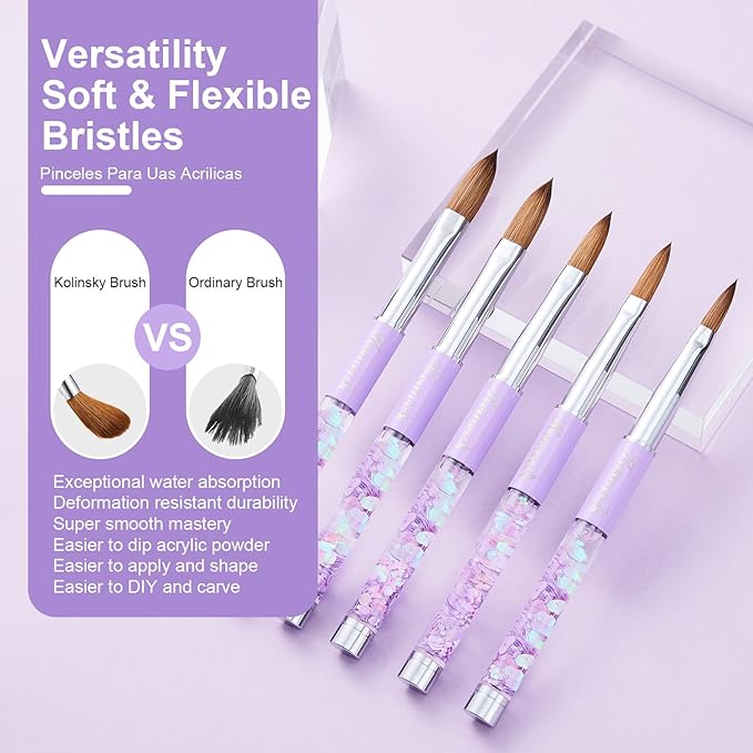 5PCS Acrylic Nail Brush Set, Sizes 06/08/10/14/16 Kolinsky Art Brushes for Application, Sturdy Handle Oval Shaped Powder Design Tools for Professional Manicure DIY