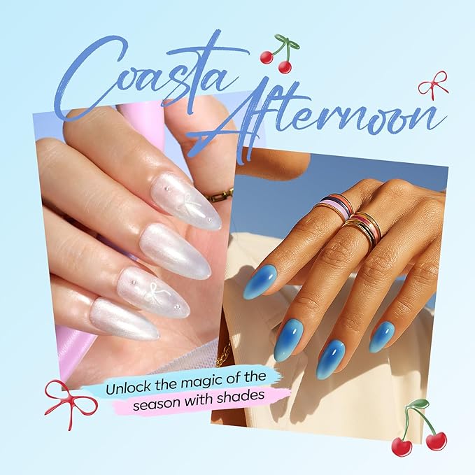 modelones Summer Gel Nail Polish Kit with U V Light, Pearl White Glitter Baby Blue Light Pink Sky Blue Manicure Set with Cherry Stickers, Base Top Coat, 4 Colors Gel Mini Salon Starter Spring Gift