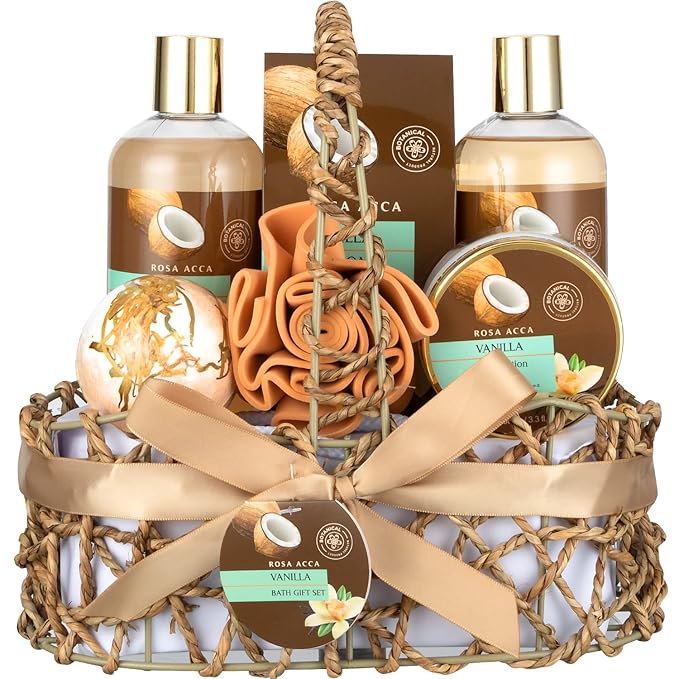 Mothers Day Gifts Spa Gift Basket for Women and Men, 7pcs Vanilla Coconut Bath and Body Self Care Set With Bath Bomb, Shower Gel, Parfume Lotion, Spa Kit, Skin Care, Birthday, Bridal Shower, Christmas