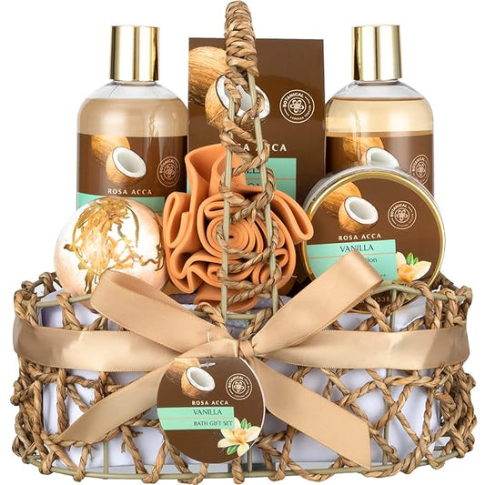 Mothers Day Gifts Spa Gift Basket for Women and Men, 7pcs Vanilla Coconut Bath and Body Self Care Set With Bath Bomb, Shower Gel, Parfume Lotion, Spa Kit, Skin Care, Birthday, Bridal Shower, Christmas