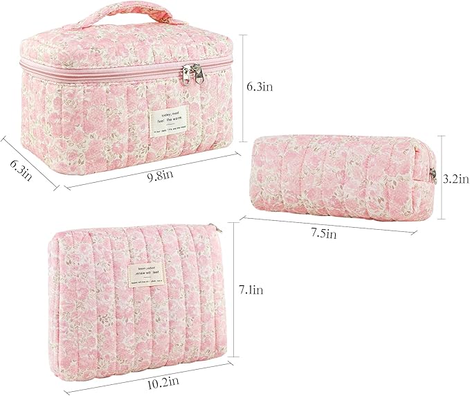 3Pcs Makeup Bag Cotton Quilted Travel Cosmetic Bag Cute Floral Makeup Pouch Large Toiletry Bag for Women Girls (Flowers-Pink3)
