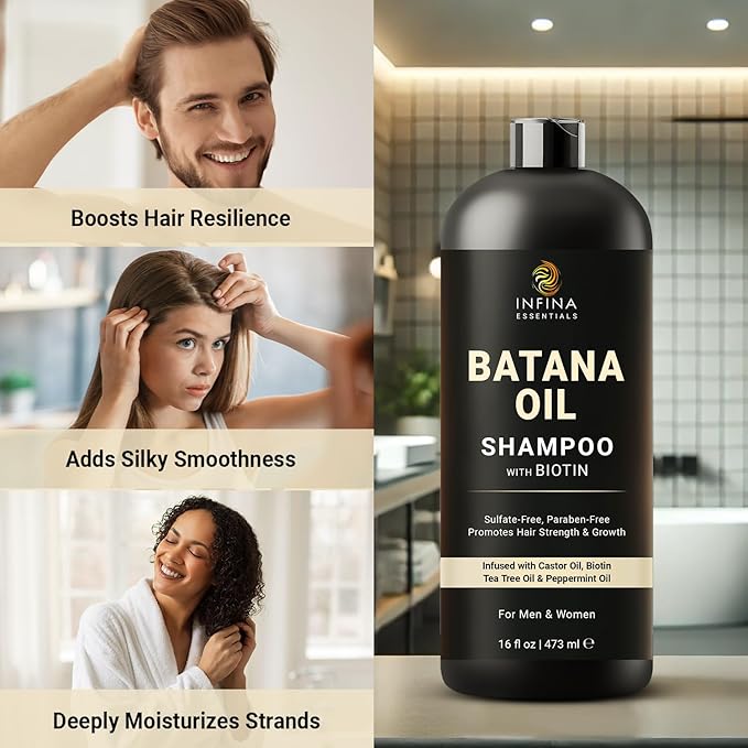 Batana Oil Shampoo with Biotin & Tea Tree Oil - Hair Growth & Thickening Shampoo for Men & Women - Sulfate Free, Promotes Hair Strength & Hydration, 16 fl oz
