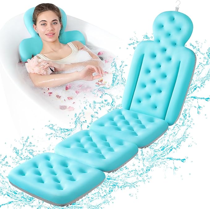 Luxury Bath Cushion, Full Body Bathtub Pillow with 230 Suction Cups, Bath Mat for Head and Neck Support, with Laundry Bag (Blue, 60.2" x 16.2")