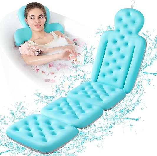 Luxury Bath Cushion, Full Body Bathtub Pillow with 230 Suction Cups, Bath Mat for Head and Neck Support, with Laundry Bag (Blue, 60.2" x 16.2")