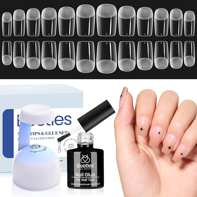 Beetles Gel Nail Kit Easy Nail Extension Set 504Pcs Pre Filed Half Matte Short Square Soft Etch X Nail Tips with 5 in 1 Nail Glue Gel Uv Led Lamp Nail for Women