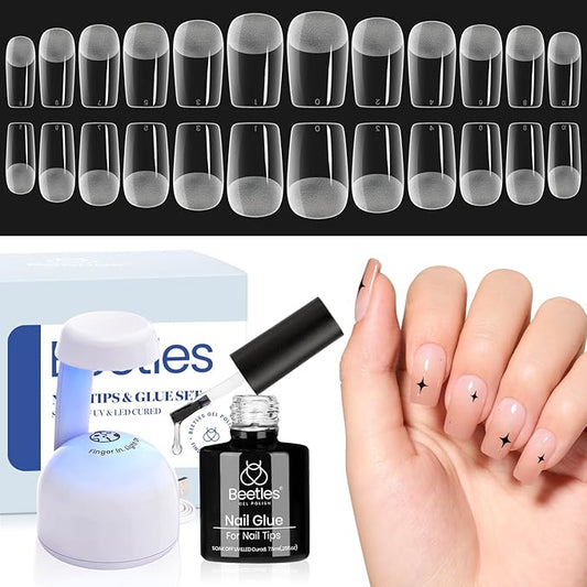 Beetles Gel Nail Kit Easy Nail Extension Set 504Pcs Pre Filed Half Matte Short Square Soft Etch X Nail Tips with 5 in 1 Nail Glue Gel Uv Led Lamp Nail for Women