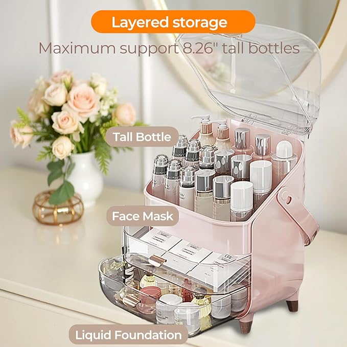 IUI Make up Organizer, 2 Drawer Make up Organizers for Vanity, DustProof Skincare Organizers with Lid, Large Cosmetic Display Cases for Vanity, Bathroom, Countertop, Gifts for Women Girls, Pink