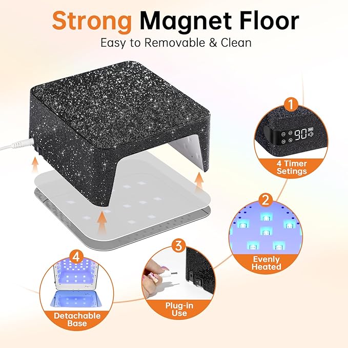 UV LED 96W Nail Lamp Professional Salon Nail Dryer Sparkly Gel Polish Light with 4 Timer Setting Quick Dry Curing Lamp with LCD Display Touch Screen Auto Sensor Home Black Diamond Rhinestone