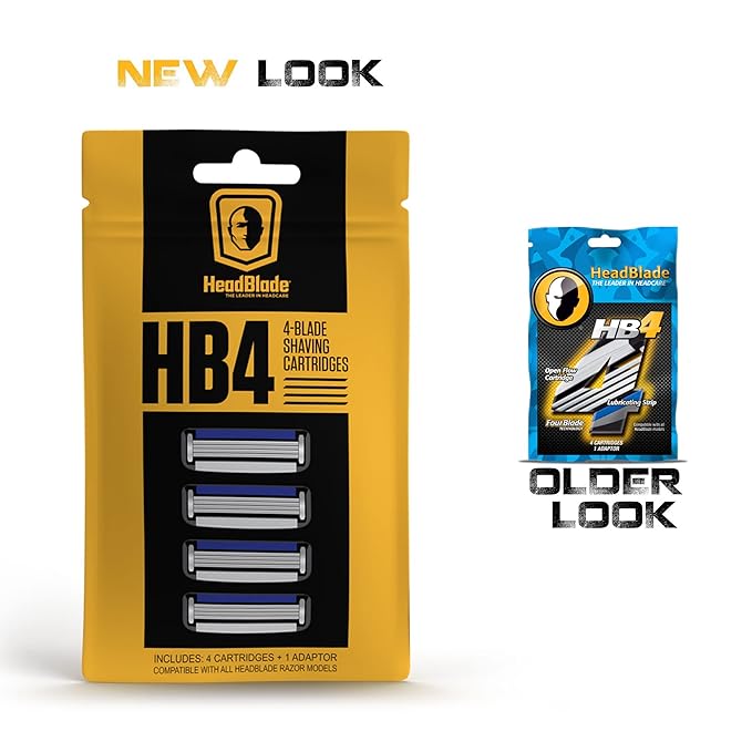 HeadBlade Men's HB4 Refill Shaving Razor Blades - 4 Stainless Steel Blades for No Tugging or Pulling, Shave Less, Works for Face, Body, and Scalp (12 Blades) 3 Pack