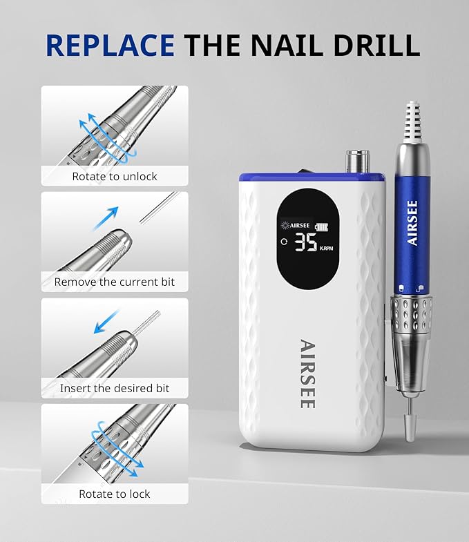 AIRSEE Updated Professional Nail Drill,Rechargeable Cordless Efile Machine for Acrylic Extension Gel Dip Powder Powerful Portable Efile 56 Sanding Bands 7 Bits,Low Noise Low Heat,G7 Blue