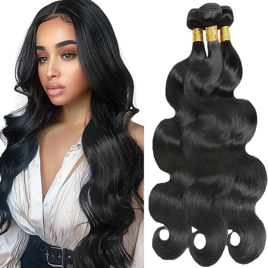 Color 1B Human Hair Bundles Body Wave Bundles Natural Color Body Wave Brazilian Human Hair Weave Extensions Soft and Silky for Black Women 20 22 24 Inch