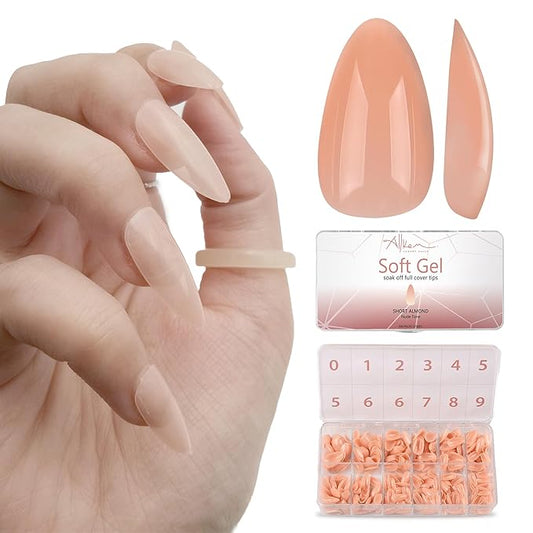 Allkem Soft Gel Nail Tips - Medium Long Square Nail Extensions Kit - 12 Sizes Long Full Cover Nails - Nude (504 Pieces)