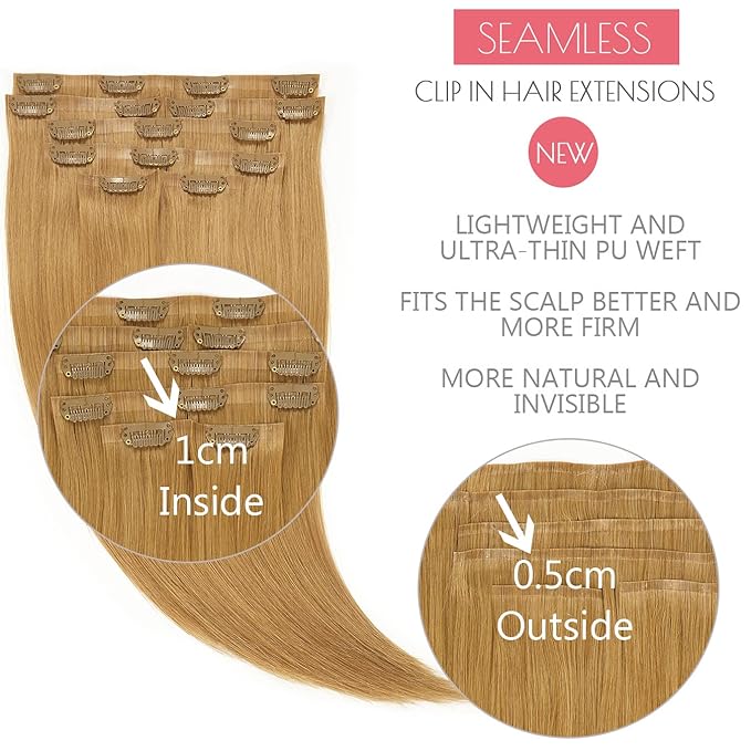 Loxxy Seamless Human Hair Clip in Extensions Blonde 16Inch Thick Full Head Clip on Hair Extensions Remy Human Hair Color 27 Caramel Blonde Natural Real Hair Clip in Extensions For Women 110g 7pcs
