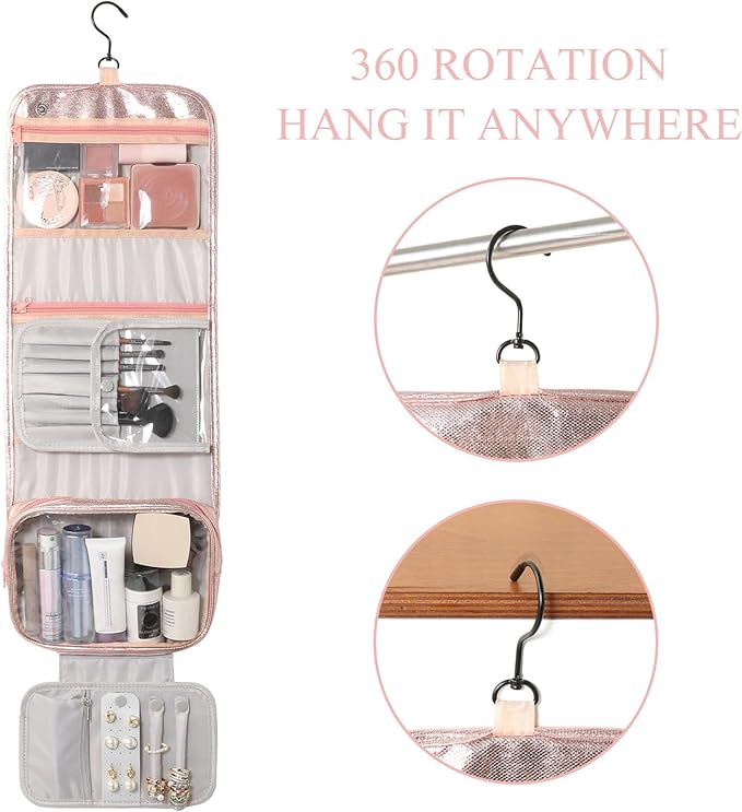 Travel Toiletry Bag for Women,Hanging Travel Toiletry Bag with Jewelry Organizer Compartment,Makeup Bag, Waterproof and Dirt Resistant, Travel Essentials,Bright Pink