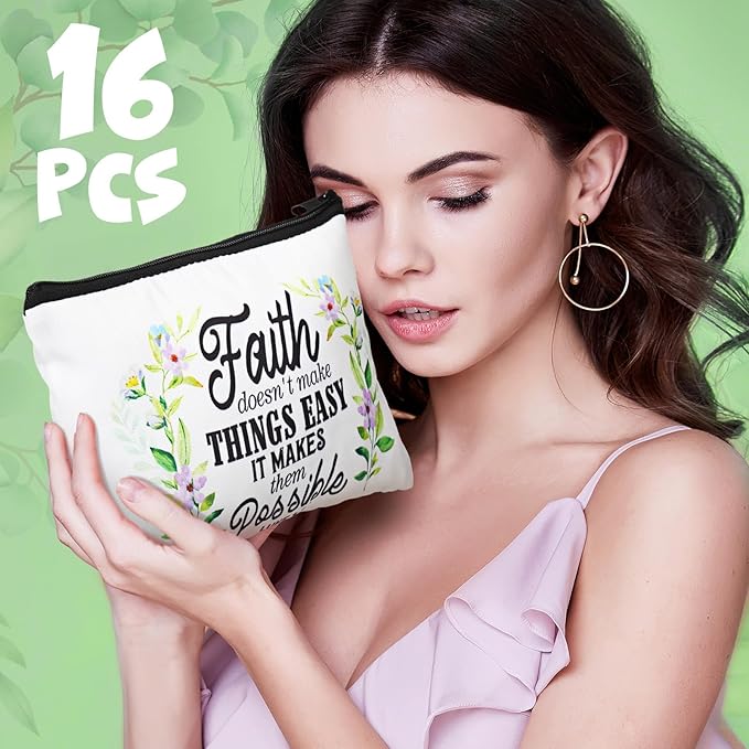 Pinkunn 16 Pcs Canvas Cosmetic Bag Bulk Inspirational Quotes Makeup Bags with Zipper Encouragement Travel Toiletry Pouch Appreciation Gift for Christmas Teacher Birthday Graduation(Bible Leaves)