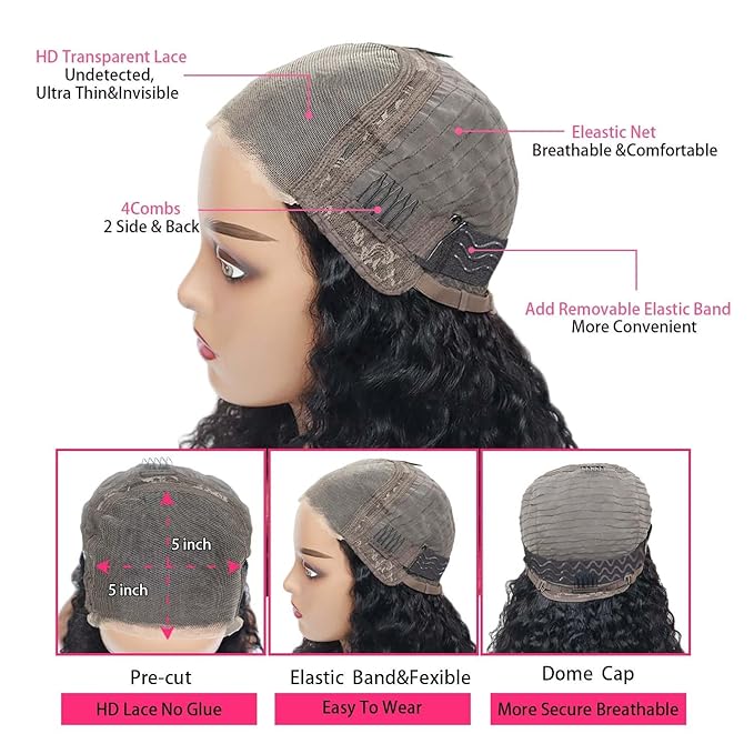 5x5 Hd Lace Closure Glueless Wigs Human Hair Pre Plucked Pre Cut Deep Wave 100% Raw Human Hair Wig Reay to Wear and Go Curly Closure Wig for Black Women Human Hair Wet and Wavy Natural Hairline