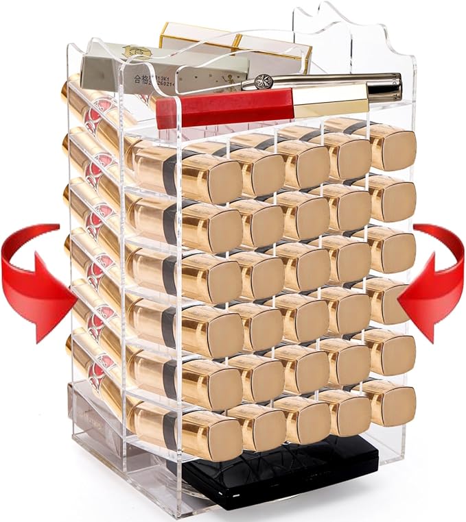 64 Slots Rotating Lipstick Organizer, Acrylic Spinning Lipgloss Tower Holder, Clear Rotable Lip Gloss Organizer Case, Lip Stick Display Rack Stand, Cosmetic Makeup Accessories for Lip Balm