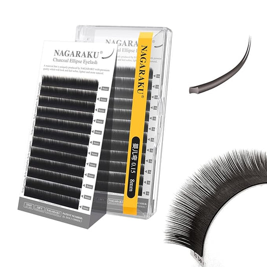 NAGARAKU Double Tips Flat Ellipse Eyelash Extensions Supplies Natural Charcoal Color Faux Mink Super Soft Split Tips Lash Individual Lashes -0.15 Baby/J Curl 8mm