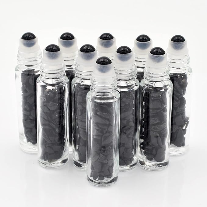 Essential Oil Roller Bottle 10ml w EVA Carrying Travel Case（Clear Glass Bottle with silver Cap、10pack、Gemstone Roller Balls、Crystal Chips Inside、Opener Gemstone Roller Ball Bottles