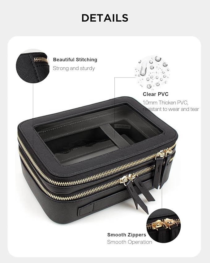 Clear Makeup Bags TSA Approved Toiletry Bag Handle Large Opening,Clear Toiletry Bags for Carry-on Traveling Travel Car Accessories Essentials Organziation Storage for Women Girls(Black, 2Layer)