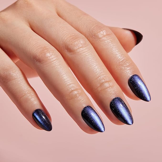 Press on Nails Short Almond - Blue Cat Eye Chrome Nails Kit, Reusable Gel Fake Nails with Nail Glue & Nail File - 32 PCS in 16 Sizes (Limited Edition Mini Pack)
