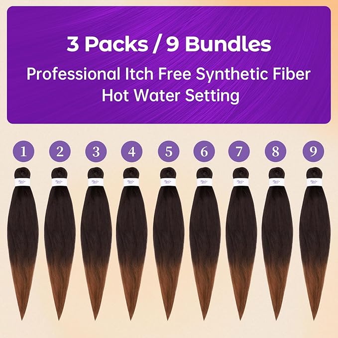 BNG 3X Pre-Stretched Braiding Hair, 28" Professional Itch Free Synthetic Fiber Braids Hair Extensions for Easy Braid, 3 PACKS (9 bundles), (#T1B/M Off Black/Maroon)