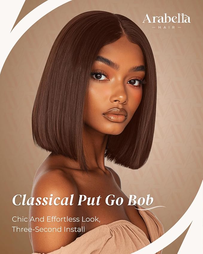 Arabella 5x6 4# Brown Bob Wig Human Hair 210% Density Wear and Go Glueless Wigs Human Hair Chocolate Brown Straight Bob Wig Lace Front Wigs Pre Cut Lace Pre Bleached Knots(10inch, 5x6 Glueless Bob)