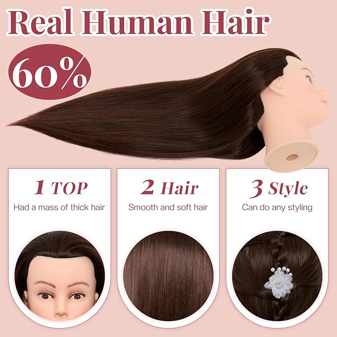 28Inch 60% Real Hair Mannequin Head,Doll Head for Hair Styling Braiding Curling,Cosmetology Mannequin Head with Hair with Table Clamp Hair Styling Set(Dark Brown)