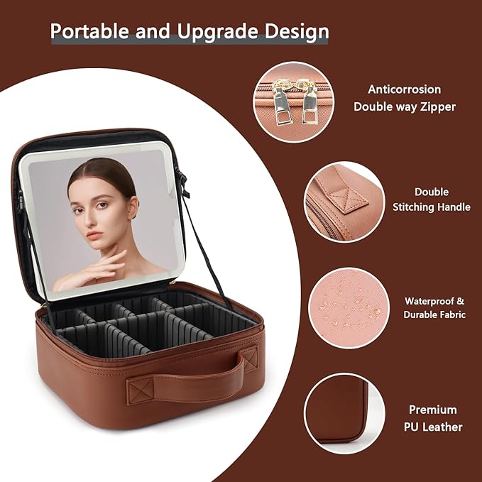 Travel Makeup Bag with LED Lighted Mirror,Cosmetics Organizer, Makeup Bag with 3 Color Lighted Setting, Portable Storage and Adjustable Dividers Travel Makeup Bag(Dark brown)