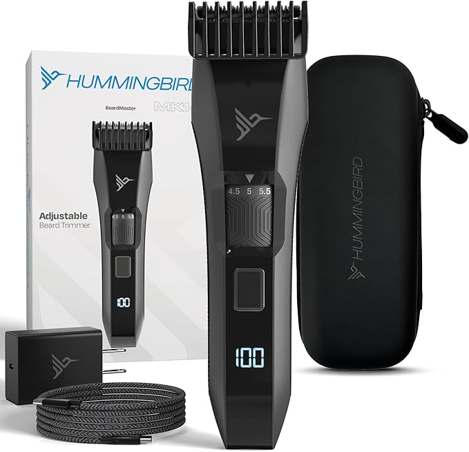 HUMMINGBIRD MK14 BeardMaster – Premium Beard Trimmer for Men, Precision Dial, Adjustable 20 Length Settings, Stainless Steel T-Blade, Cordless USB-C Rechargeable, Waterproof, LED Display, Travel Case
