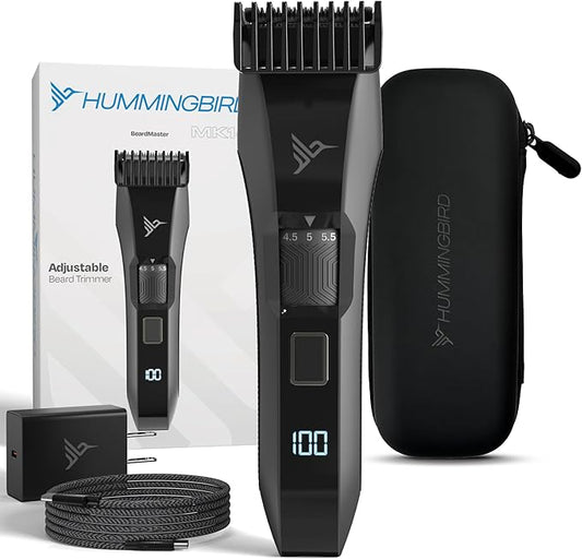 HUMMINGBIRD MK14 BeardMaster – Premium Beard Trimmer for Men, Precision Dial, Adjustable 20 Length Settings, Stainless Steel T-Blade, Cordless USB-C Rechargeable, Waterproof, LED Display, Travel Case