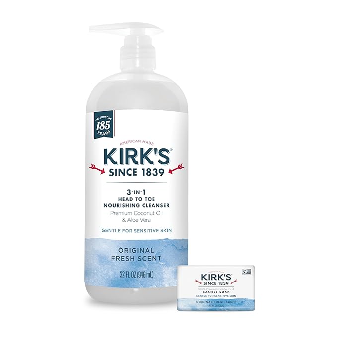 Kirk's 3-in-1 Head to Toe Nourishing Cleanser & Travel Size Bar Soap - for Men, Women & Children, Made with Premium Coconut Oil and Aloe Vera, Non-GMO & Vegan, Original Fresh Scent, 32 Fl Oz.