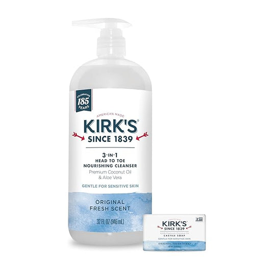 Kirk's 3-in-1 Head to Toe Nourishing Cleanser & Travel Size Bar Soap - for Men, Women & Children, Made with Premium Coconut Oil and Aloe Vera, Non-GMO & Vegan, Original Fresh Scent, 32 Fl Oz.