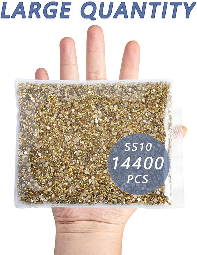 Beadsland Flatback Rhinestones Bulk,14400pcs Gold Rhinestones for Nails Crafts Clothes DIY Decoration, Metal Sunlight, SS10, 2.7-2.9mm