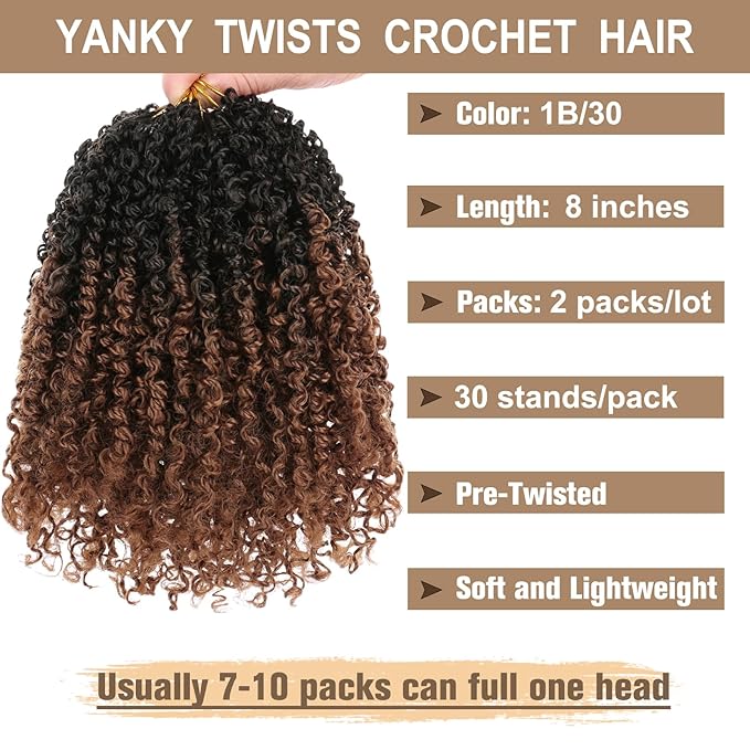 COOKOO 8 Inch 2 Packs Pre Twisted Yanky Twists Braiding Hair with Curls 30 twists per bundle Ombre Brown Marlybob Crochet Hair Short Passion Twist Crochet Braids Synthetic Hair Extensions 1B/30#
