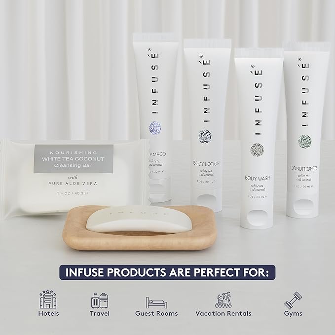 Infuse Pure White Tea and Coconut All-In-Kit Hotel Soaps and Toiletries Bulk Set | 1oz Shampoo & Conditioner, Body Wash, Lotion & 1.25oz Bar Soap | Travel Size 75 Pieces.