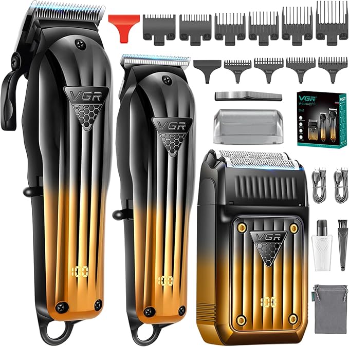 VGR 644 Hair Clippers for Men Professional, Cordless Beard Trimmer & Electric Razor Shavers for Men, Rechargeable 3 Piece Barber Hair Cutting Kit LED Display Men's Grooming Kit
