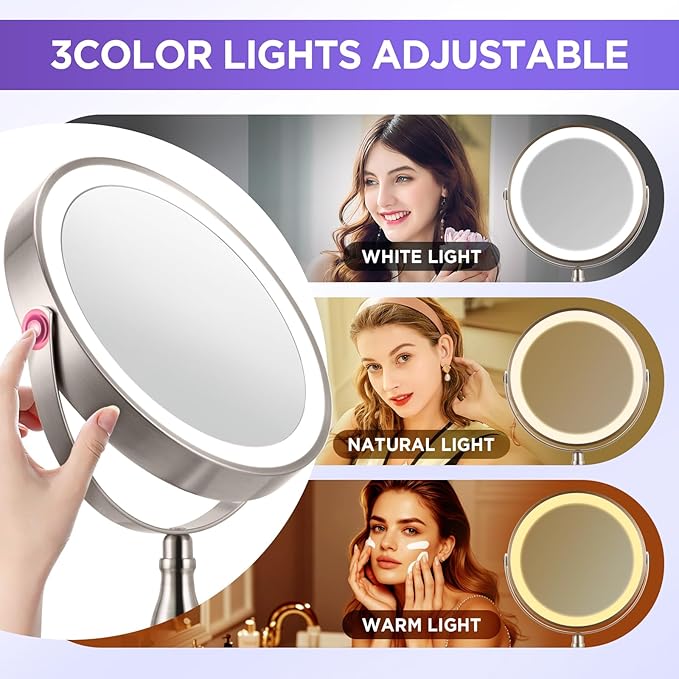 20x Magnifying Mirror with Light, Lighted Makeup Mirror with 3 Color Dimmable Adjustable Mirror, Side Charging Port & SideTouch Sensor, 360° Rotation Double Sided Standing Desk Mirror-Brushed Nickel