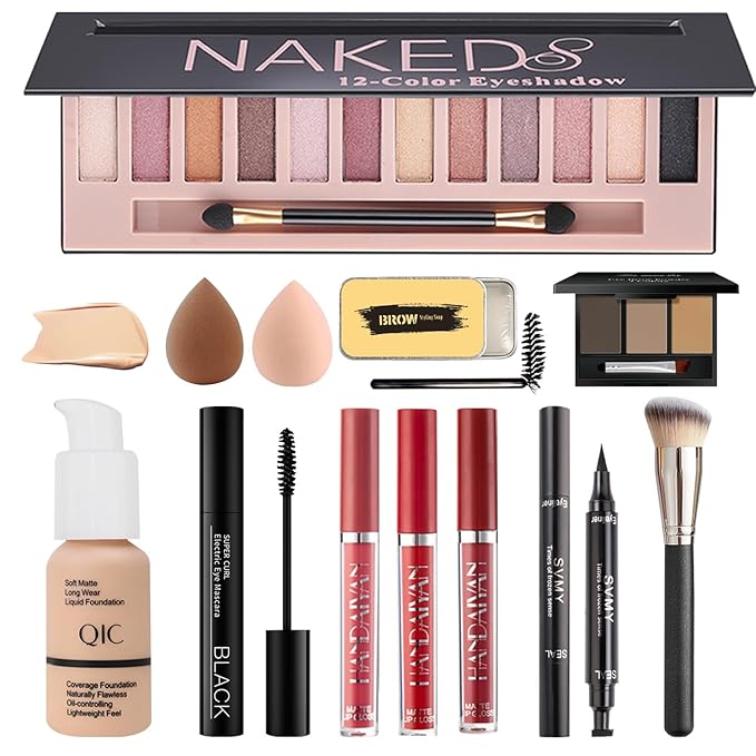Naked All in One Makeup Kit for Women - Full Kit with 12 Eyeshadows, Foundation, Lipstick Set, Mascara, Brush, Sponge, Eyebrow Powder, Soap, Eyeliner (#102)