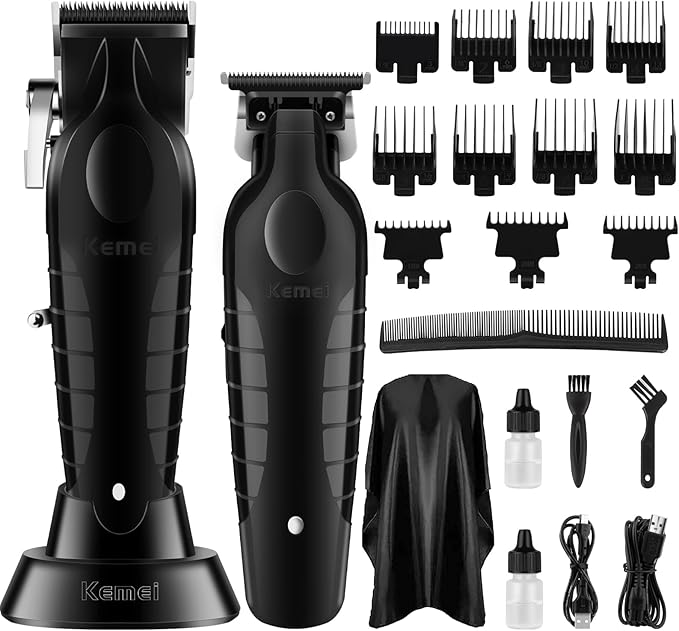 KEMEI Black Professional Hair Clippers and Trimmers Set, Electric Hair Clippers for Men, Cordless Barber Clippers, T Blade Trimmer, Rechargeable Haircut Fade Clippers