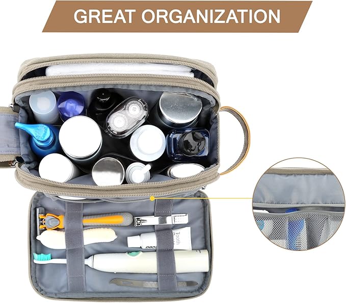 BAGSMART Toiletry Bag for Men, Canvas Travel Toiletry Organizer Dopp Kit Water-resistant Shaving Bag for Toiletries Accessories,Beige-Medium